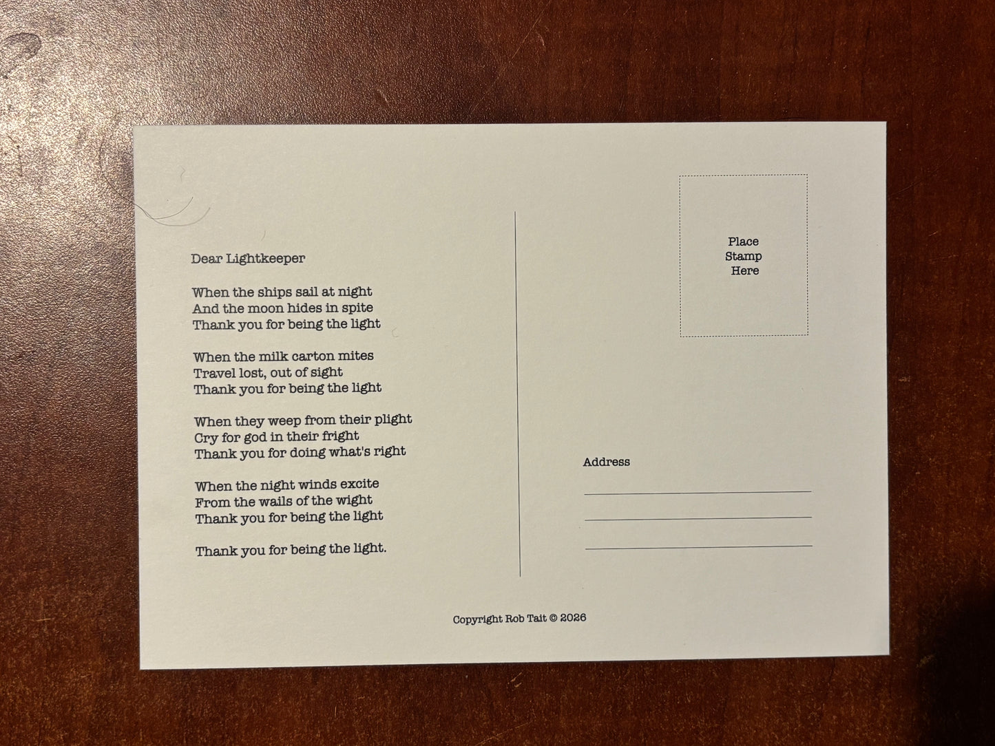 Postcard - ‘Dear Lightkeeper’ cover with poem